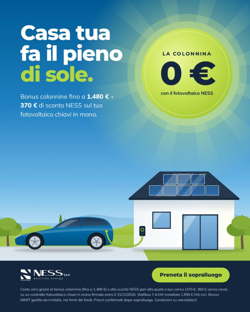 Bonus colonnine 2026: la colonnina a costo zero con il fotovoltaico NESS